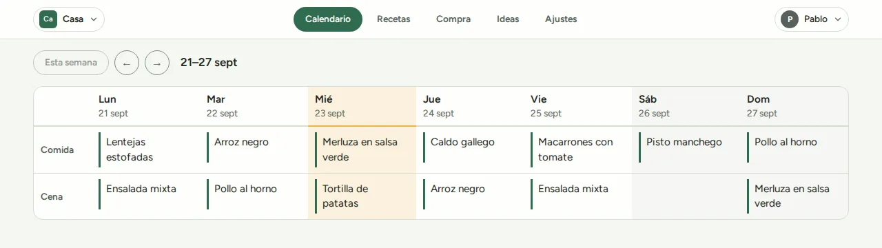 El calendario semanal de Wenu, con la comida y la cena de cada día