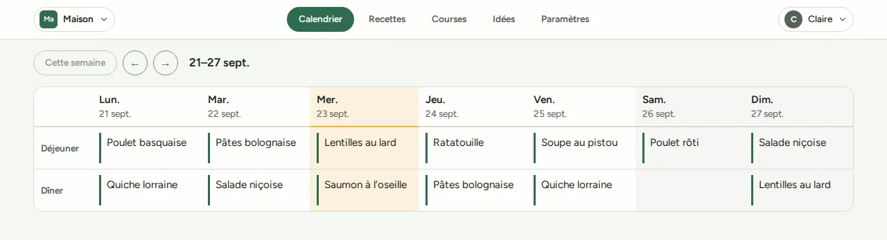 Le calendrier de la semaine dans Wenu, avec le déjeuner et le dîner prévus pour chaque jour